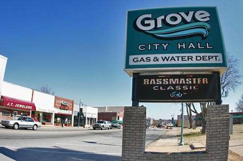 <p>At the Grove City Hall, the lighted billboard flashed the Bassmaster Classic logo ...</p>
