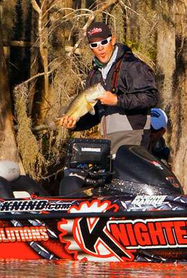 <p>Goldbeck was relieved to have his first keeper bass of the tournament in the boat. </p>
