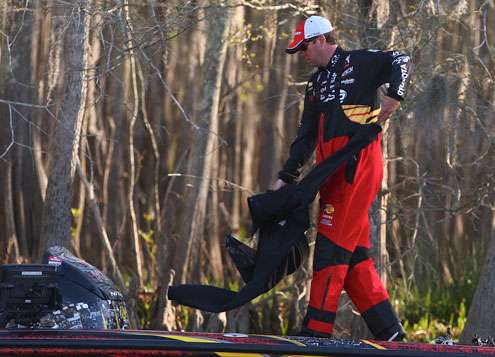 <p> </p>
<p>The temperature warmed quickly on Day Two, and had anglers like Kevin VanDam shedding clothes. </p>
