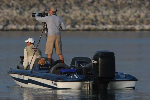 <p>Skeet Reese, 30th, works the rock again on the morning of Day Three.   </p>
