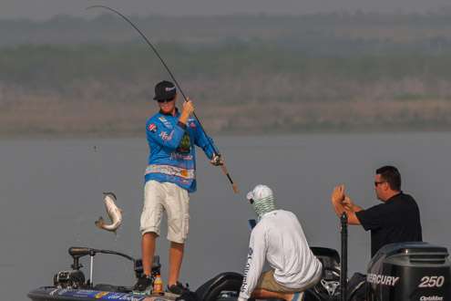 <p>#13 Josh Bertrand is setting up for the flip and pulls the lunker over the rail. </p>
