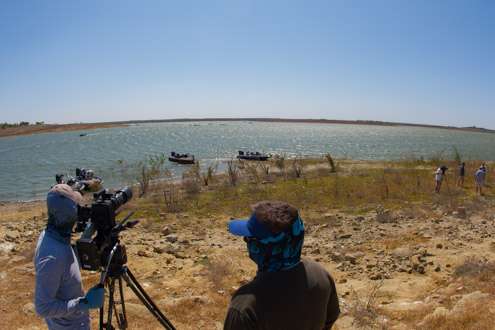 <p>B.A.S.S. cameraman Wes Miller shoots Falcon Lake as the anglers return.</p>
