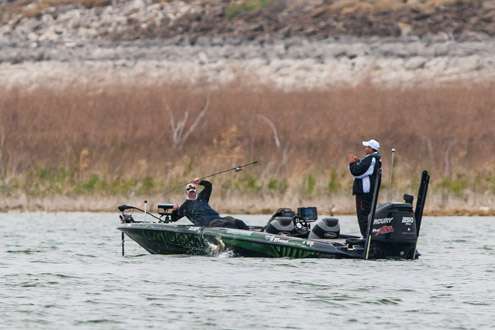 <p>VanDam has a good fish on that is giving him some trouble landing.  </p>
