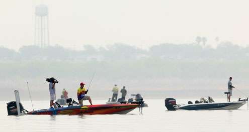 <p>Tournament leader Keith Combs' spot drew a lot of local fishing traffic on Saturday. </p>
