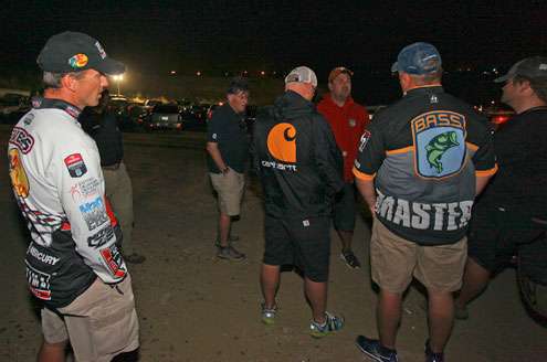 <p> </p>
<p>Anglers, B.A.S.S. tournament staff members, along with Bassmaster television production staff hold an impromptu meeting to decide if and how the tournament would go forward. </p>
