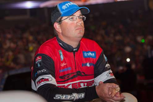 <p>Cliff Pace waiting for his time on the big stage.  The final day weigh in.  Moments before he will be called the 2013 Bassmaster Classic champion.</p>
