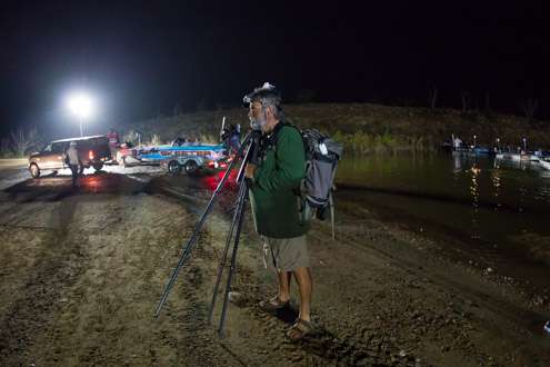 <p>My friend and B.A.S.S. Photographer James Overstreet is sporting all his gear and even a headlamp as he shooting the Day 2 takeoff before hitting the water to cover the anglers.  His day starts very early.</p>
