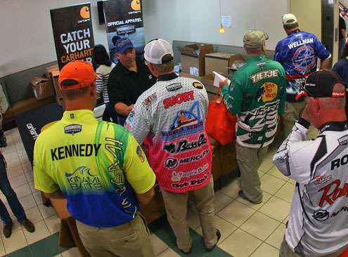 <p>After registering, anglers stopped to receive free apparel from Carhartt. </p>
