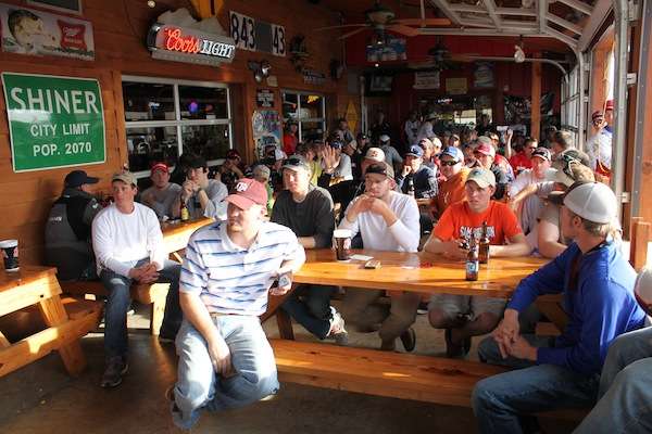 <p> </p>
<p>Anglers wait patiently for the food part of the briefing. </p>

