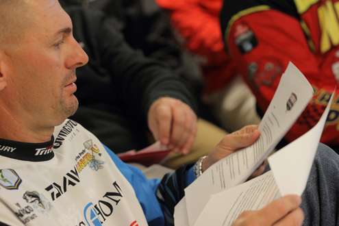 <p>One of the few times you'll see Elite anglers reading paperwork and not catching bass.</p>
