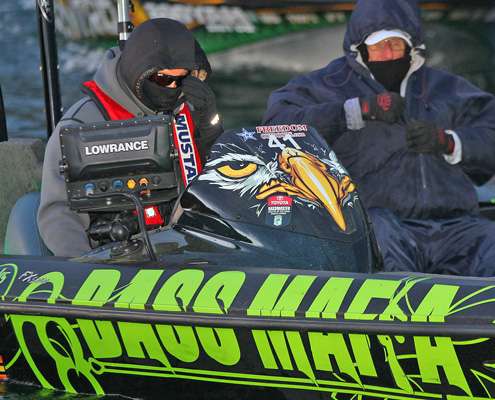 <p>Jeremy Starks and his Marshal are bundled up as they pass the check-out point.</p>

