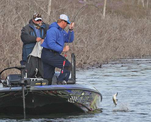 <p>Back on his main stretch, Vinson catches a big white bass.</p>
