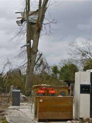 <p>Eventually, someone would have to remove the sheet metal left in this tree. Below it are what's left of one dwelling â a few working appliances and a concrete slab.</p>
