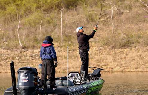 <p> </p>
<p>Starks gets rigged back up and back to fishing. He had a good early start to his day, with four keeper fish in the live well in the first hour. </p>
