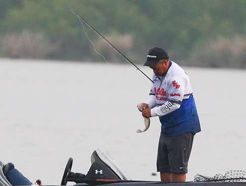 <p>Pedroza boats his first bass, but the size was not what he caught in the same area on Day Two.</p> 