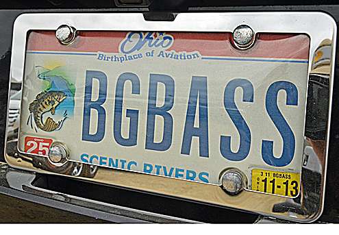 <p>Charlie Hartley's truck sports a vanity plate with his goal: big bass.</p>
