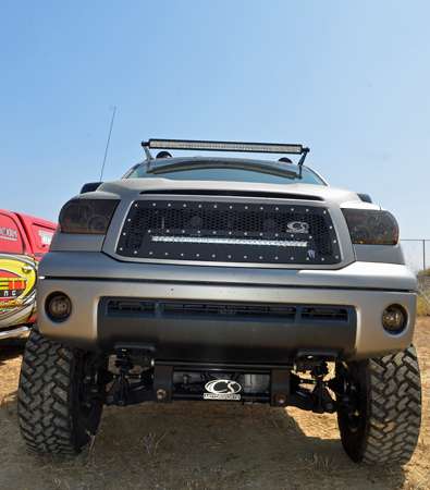 <p>Myers' Tundra has a mean-looking stance with the lift and custom front suspension.</p>
