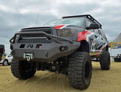 <p>Here's what a Tundra can look like if it's got just about every aftermarket upgrade available, from a steel bumper, huge winch, mud tires, crazy lift and a whole host of angler-friendly accessories on the inside. This particular Tundra was customized by Britt Myers' shop, CS Motorsports for Toyota to display at each Elite Series event in 2013. Check out a full gallery of it <a href=