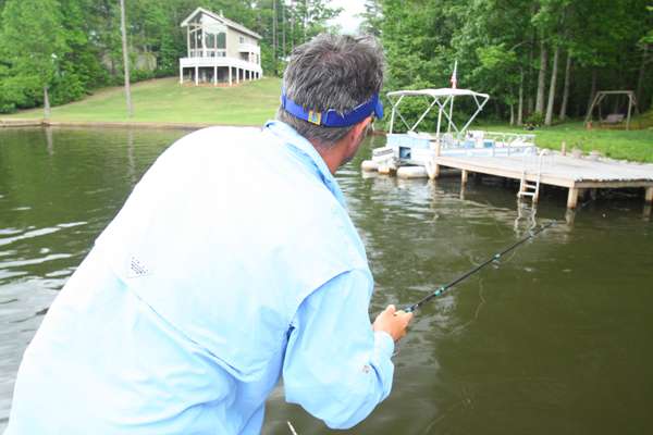 <p>12:12 p.m. Hall skips a worm underneath a dock on Lake B.</p>
