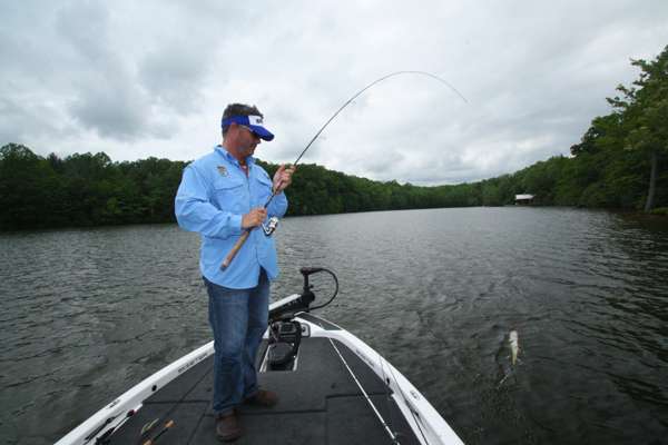 <p>1:24 p.m. Hall swings aboard a bass that hit his finesse worm on a clay point.</p>