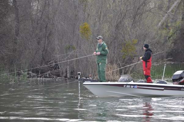 <p>Chris Childers, left, and Derrick Hicks of Humboldt State University fished a cut near the launch ramp.</p>
