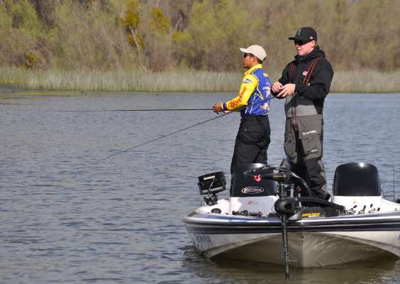 <p> </p>
<p>Andrew Sumi, left, fishes with his partner, Travis Bounds. The team from San Jose State University already had a limit by 10 a.m.</p>
