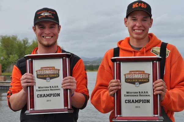 <p>Ryan Sparks and Zach MacDonald proudly display their winning trophies.</p>
