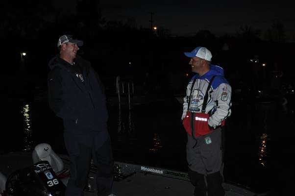 <p>Steve Loreng of Washington and 2012 Bassmaster Classic qualifier Josh Polfer of Idaho have a laugh at launch.</p>
