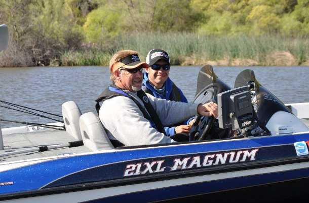 <p>Lee Thomas of Wyoming and Ethan Peterson of Idaho pass by. The pair have a single fish in the boat around 10 a.m.</p>
