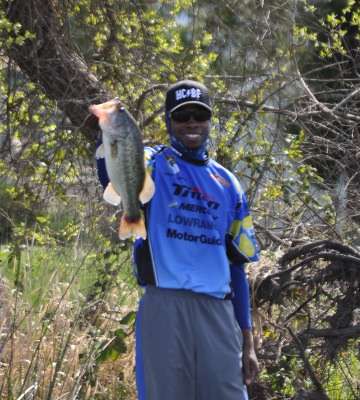 <p>Near the launch area in the section off-limits to competitors, California alternate Jamel Johnson displays a 6 1/2-pounder. Johnson only gets to compete if one of teammates can't continue the tournament.</p>
