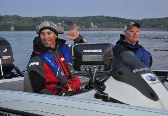 Jeff Giarrizzo, Tennessee B.A.S.S. Nation president, and his co-angler, Bryan Asay of Georgia, listen for their boat number.