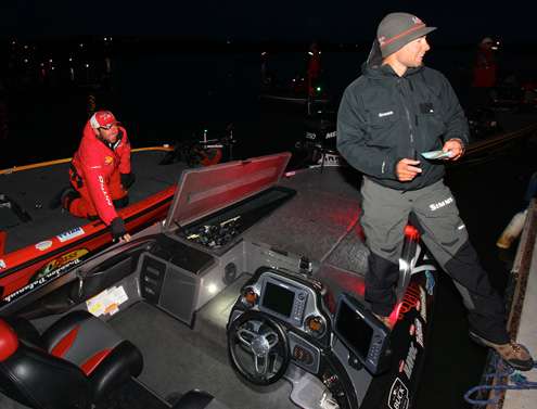 Elite Series anglers Casey Scanlon and Brandon Palaniuk check in before the morning launch. 