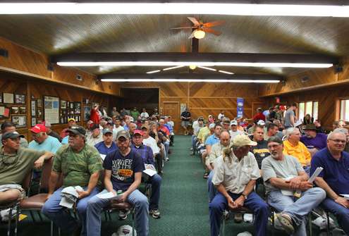 <p>Marshals gather for their briefing on the eve of the 2013 Elite Series Ramada Quest on Bull Shoals Lake. </p>
