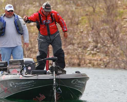 <p>Myers pulls the fish away from the trolling motor prop. </p>
