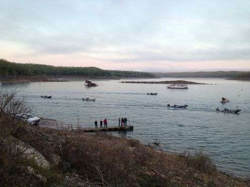 <p>Elite Series anglers clear the final check point at the Bull Shoals Lake Boat Dock marina area before embarking on a beautiful day in the Ozarks.</p>
