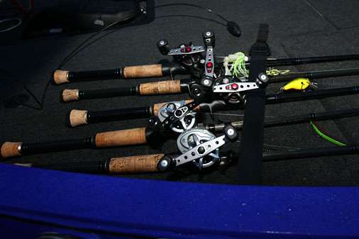 <p>Rods lay strapped and secure waiting to be put to work on the final day of the Bass Pro Shops Central Open #1.</p> 