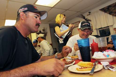 Jared Lintner and Mike McClelland enjoy a hot breakfast.