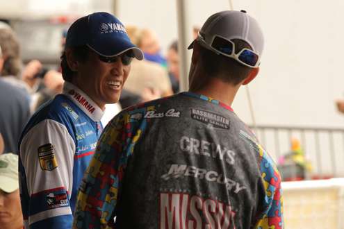 <p>Takahiro Omori and John Crews chat about the day's fishing.</p>

