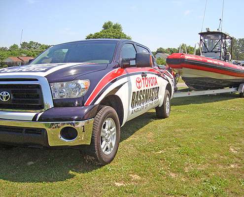 One of the official B.A.S.S. Toyota trucks tows the BoatUS towboat that attends every Bass Pro Shops Bassmaster Open tournament.