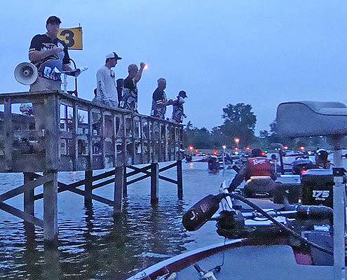 Jimmy Bahakel and I prepare to go through the check-in line on the first morning of the Bassmaster Southern Open at Logan Martin Lake.