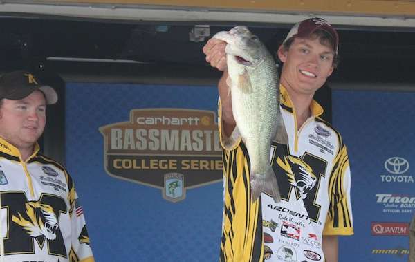<p>Champ Caldwell and Ben Verhoef of the University of Missouri brought one fish to the scales on Day Two, but it was a good one weighing 4-8. </p>
