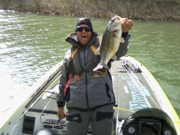 <p>Perry Johnson caught a playful Skeet Reese with a squirming, 4-plus-pound bundle of joy. At Bull Shoals, a bass this size was something to celebrate â the anglers all agreed there were tons of small keepers to be had, but the bigger bite remained elusive for most.</p>
