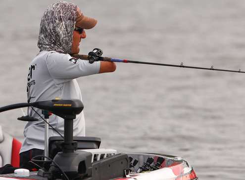 Clay Dyer started his morning on a point where he had found spotted bass during practice. 
