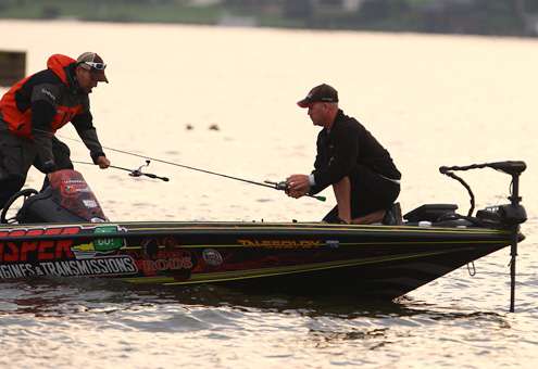 <p>Chad Morgenthaler and his co-angler prepare to move again.</p>
