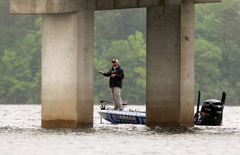<p> </p>
<p>Bridge pilings were a popular place to fish on Day One with many of the anglers in the field, including Todd Faircloth. </p>
