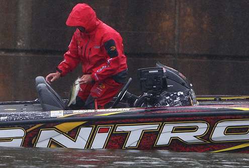 <p>Kevin VanDam places his fourth fish of the day in the live well. </p>
