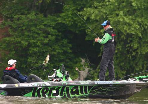 <p>Ashmore swings one of his better fish of the morning into the boat.</p>
