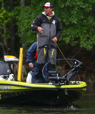 <p>Skeet Reese puts his focus on a dock on the other bank as he pulls up his motorguide.</p>
