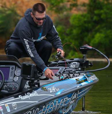 <p>Randy Howell organizes his gear as we pull up on him on Day Two of the Alabama River Charge presented by Star brite.  After Day One Howell is in 10<sup>th</sup> with 17-0 lbs.</p>
