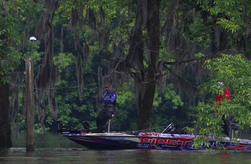 <p>Shaw Grigsby is working near a flooded yard.  You can see the light post.  The high water is creating many fish hold spots.</p>
